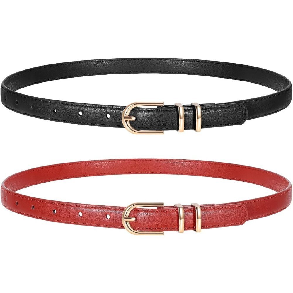 🆕 2 Pack Women's Skinny Leather Belts Black Red Thin Faux with Gold Buckle